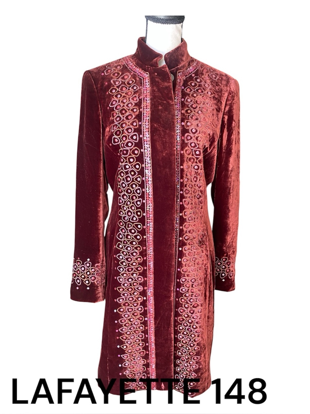 Lafayette 148 Vintage Burgundy Velvet Embroidered Sequin Long Coat Sz 4